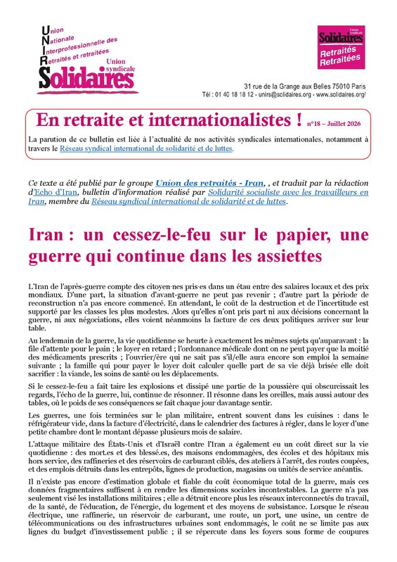 En retraite et internationalistes ! n°18 - Bulletin international de l'UNIRS