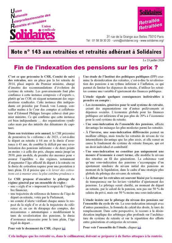 Note UNIRS143 juillet 2026